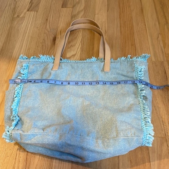 Sun N Sand Beach Bag Denim Frayed Light Blue Tan Zipper - Picture 9 of 11